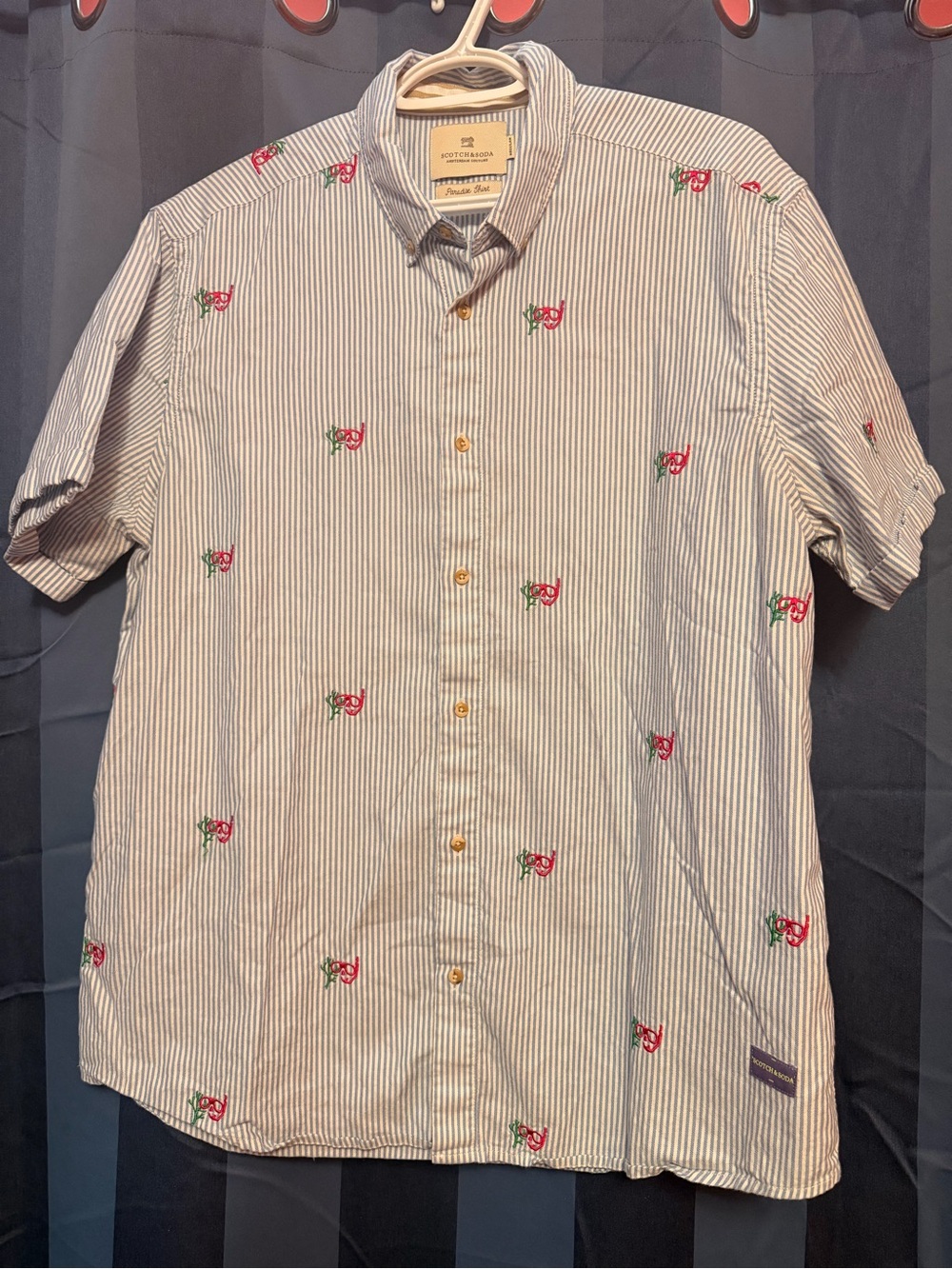 Scotch & Soda Blue Stripe Short-Sleeve Button-Down Shirt with Rose Embroidery